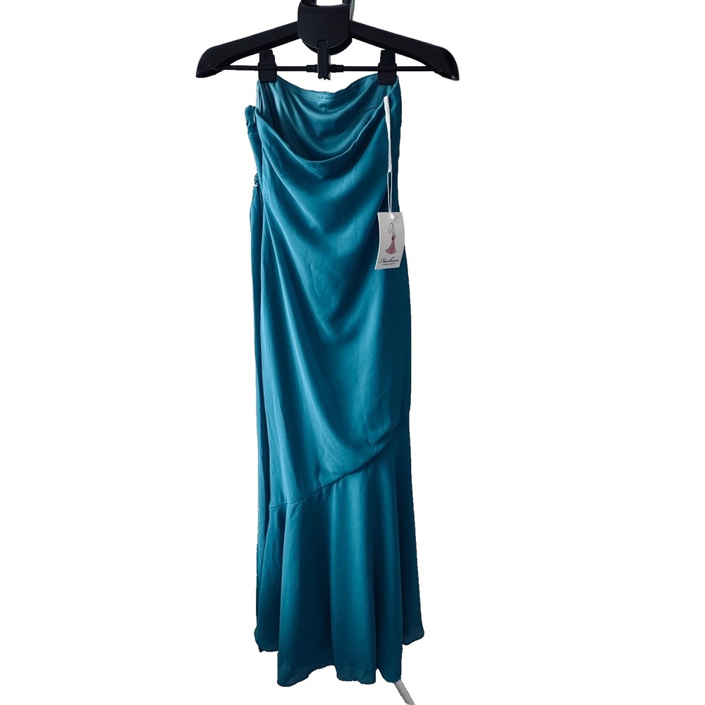 Teal Satin Strapless Maxi Dress Mermaid Scarf Wrap Minimalist Old Money Gown NWT